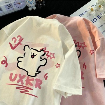 【臺灣-出貨】夏季新款女童純棉短袖t恤洋氣可愛線條小狗韓系中大童學院風上衣WRTF