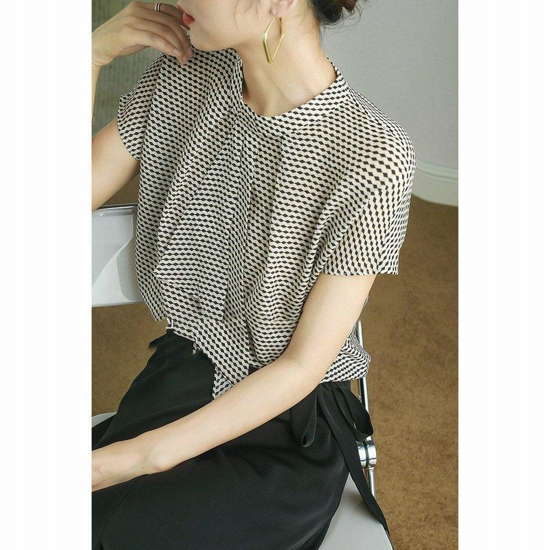 ブラウス トップス シャツ Tシャツ レディース 夏 大きいサイズ ラウンドネック 半袖 ボウタイブラウス 幾何学模様 モノトーン  きれいめ ホワイト ブラック ブラウス トップス シャツ Tシャツ レディース 夏 大きいサイズ