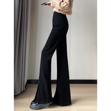 美拉德燈芯絨開叉微喇褲咖色歐棉絨拖地褲秋冬加絨雪尼爾喇叭褲女