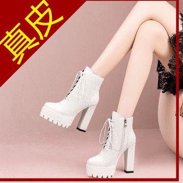 12cm超高跟馬丁靴新款女系帶英倫風米色粗跟短靴2022秋冬真皮女靴