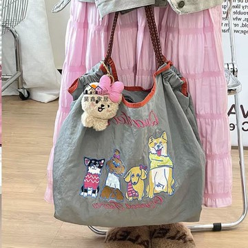 免運 附發票 購物袋 購物包 高顏值日系柴犬刺繡環保布袋茶杯貓新款大容量尼龍時尚百搭單肩包