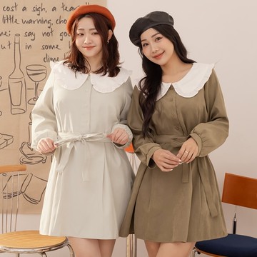 甜美荷葉大翻領長袖洋裝(附綁帶)