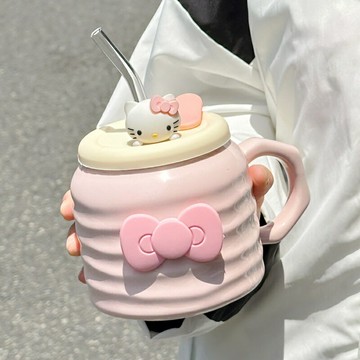 陶瓷杯 水杯 馬克杯可愛馬克杯子高顏值陶瓷女生帶蓋吸管大容量2024新款辦公室喝水杯【MJ1947698】