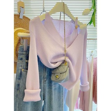 設計感小眾假兩件針織打底衫女秋韓版修身短款紫色毛衣溫柔風上衣