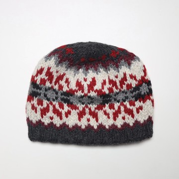 瓜皮黑灰白紅雪花純羊毛線手工編織全襯防風毛帽子|北歐風格|聖誕