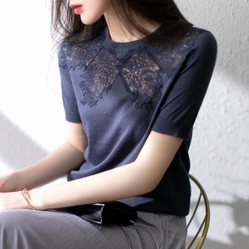 冰絲短袖t恤女2025年新款夏季薄款修身顯瘦百搭針織衫蕾絲上衣女