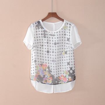 女裝修身甜美日系套頭短袖花色雪紡衫上衣服顯瘦潮