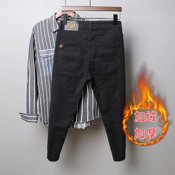 秋冬季加絨加厚牛仔褲男士高端修身小腳褲潮牌簡約保暖黑色褲子男