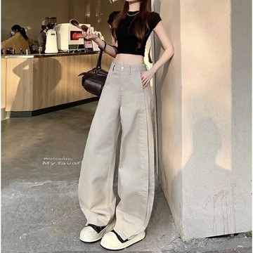 莫蘭迪灰 港風 時尚休閒 拼接彎刀牛仔版型女 春季高腰 顯瘦  垂感拖地褲