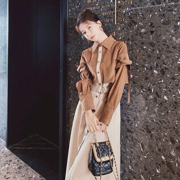 襯衫式洋裝法式小眾假兩件連衣裙女時尚設計感撞色長裙子百搭秋季新款【倪醬】