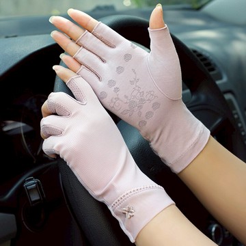 夏季防紫外線防滑蕾絲短款開車駕駛遮陽薄款半指露指防曬手套女士