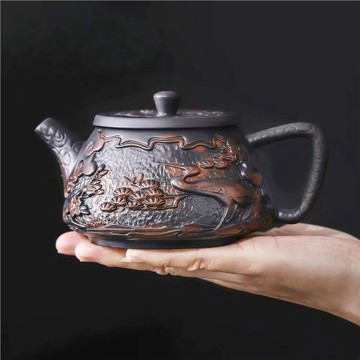 (免運)豪峰紫陶茶壺紫砂壺浮雕紫泥單壺泡茶紫砂壺家用功夫茶中秋節禮物