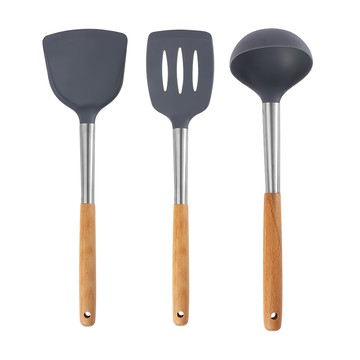 OMG 北歐櫸木耐熱矽膠廚具3件組  1組  鍋鏟 + 湯勺 + 漏鏟  灰色