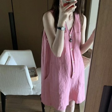 夏日休閒連體褲 短褲 連體褲 休閒簡約V領無袖背心連體褲女夏季新款小衆ins風氣質顯瘦短褲 平價女裝 日韓服飾 夏日女裝