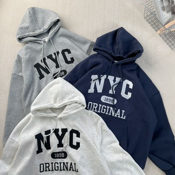 【MasCool】 NYC 1898刺繡帽T 口袋帽踢 絨毛內裡 男女同款 連帽衛衣 帽Tee 寬鬆 長袖上衣 長袖
