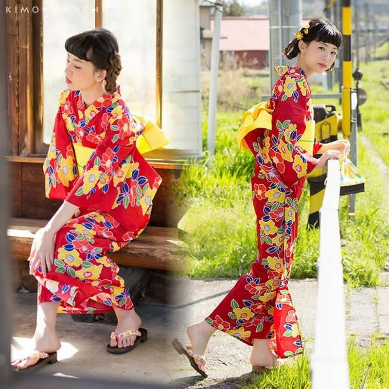 浴衣 レディース 京都きもの町オリジナル 浴衣単品「赤色 椿」 S 浴衣 レディース 京都きもの町オリジナル 浴衣単品「赤色 椿」 S