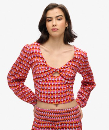 Superdry Women's Women's Long Sleeve Woven Crop Top Pink / 70's Geo Pink - Size: 14 Size: 10