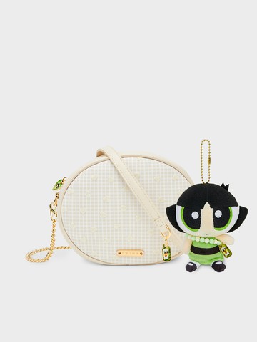 S'AIME 飛天小女警格紋愛心小圓包(含玩偶)-白色