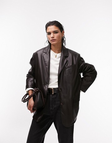 Topshop faux leather oversized blazer jacket in chocolate-Brown