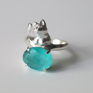 秘魯藍歐泊與銀貓戒指