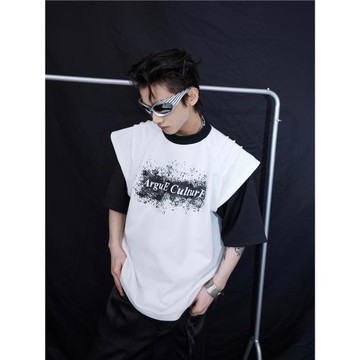 CulturE24ss原創小眾解構假兩件T恤肌理潑墨印花設計感寬松短袖男