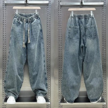 日系牛仔褲男新款直筒微喇休閑長褲美式百搭高街松緊腰褲子男士潮