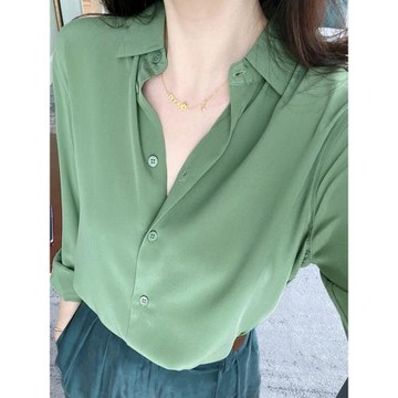 法式優雅簡約氣質經典百搭直筒顯瘦青草綠桑蠶絲軟糯砂洗真絲襯衫
