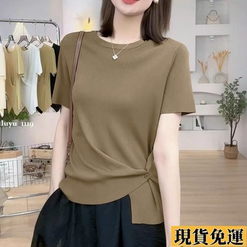 luyu✈️限時下殺透氣冰絲夏新薄款簡約短袖百搭T恤女寬松圓領不規則顯瘦純色上衣 大碼上衣 新中式短袖 休閒上衣 涼感短