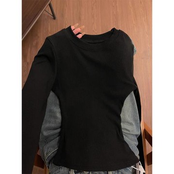 黑色打底衫春秋長袖t恤顯瘦正肩修身內搭圓領上衣女緊身秋季穿搭