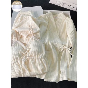 睡衣女冬季純棉吊帶長袖性感帶胸墊杏色春秋冬款三件套女士家居服