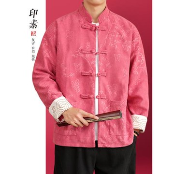 秋季新中式情侶唐裝男女燈芯絨上衣外套中山裝夾克寬松唐裝紅色