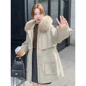 大毛領加絨加厚工裝派克服女冬季收腰棉服爆款流行風衣式棉衣洋氣