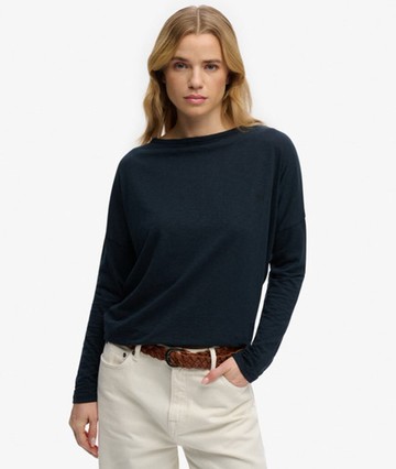 Superdry Women's Studios Boat Neck Slub Long Sleeve Top Navy Size: 10