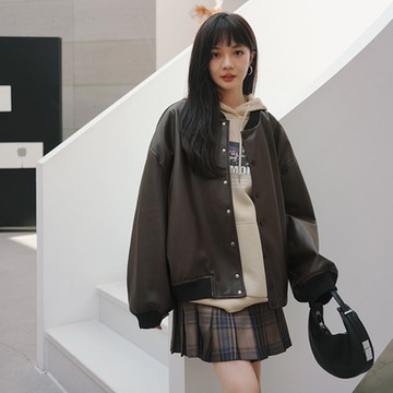 [米蘭精品] 皮衣外套棒球夾克-刺繡寬鬆防風立領女外套2色74dk15