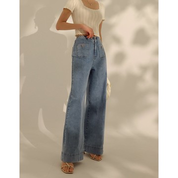 CHIC A SPACE 無腰頭直筒丹寧褲(白/藍) 女裝 現貨 氣質 高級感