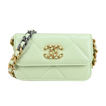 CHANEL 19系列 經典菱格紋小羊皮金色鏈帶斜/肩背包(淡綠)