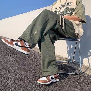 ulzzang褲子男美式高街軍綠色工裝褲秋季直筒寬松垂墜感休閑長褲