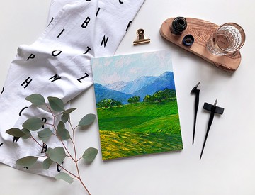 夏季繪畫綠色山水畫原創藝術綠色放鬆的山丘