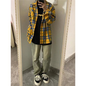 黃色格子襯衫美式復古cleanfit高級感長袖襯衣男生秋季日系薄外套