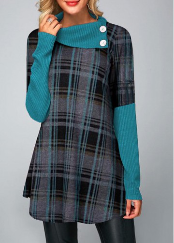 Plaid Print Curved Hem Long Sleeve T Shirt