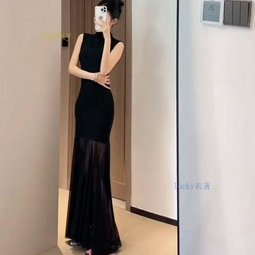 現H+免運⚡黑色網紗下襬無袖連衣裙春夏新款時尚御姐風顯瘦修身氣質長裙