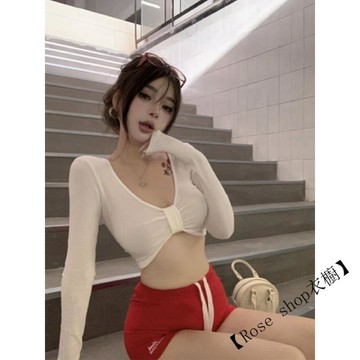 【臺灣出貨】🍉美式辣妹v領長袖正肩T恤女早春新款修身顯瘦打底白色短款露臍上衣 t恤女 正韓T恤 女生上衣 休閒上衣
