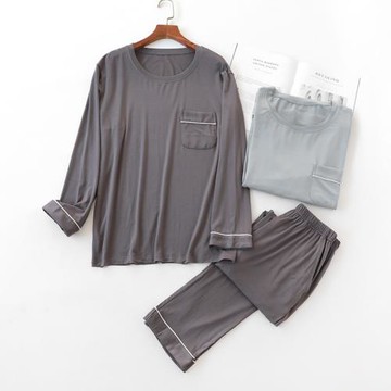 春秋季男士莫代爾圓領家居服套裝長袖薄款居家簡約大碼睡衣可外穿