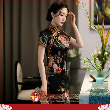 新款春夏季時尚修身旗袍復古印花優雅連衣裙中國風改良側八扣中長款短袖旗袍裙洋裝-花約-水水女人國