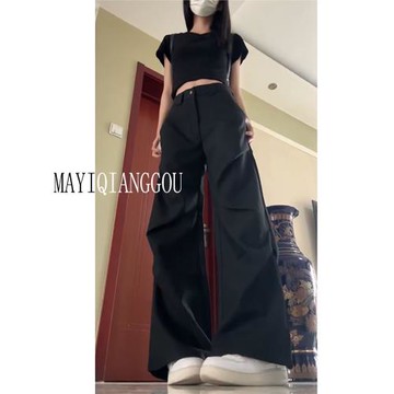 175高個子加長版180高街黑色闊腿微喇褲女褶皺寬松休閑拖地工裝褲