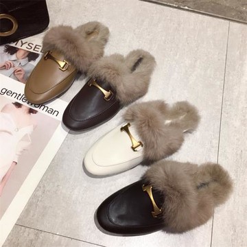 時尚外穿包頭半拖毛毛鞋女鞋子2025年新款秋冬季加絨一腳蹬棉拖鞋