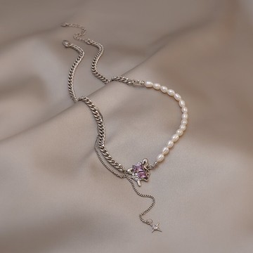 原創設計熔巖紫色鋯石珍珠拼接項鏈輕奢小眾ins嘻哈甜酷鎖骨鏈