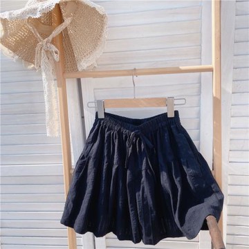 2024小個子松緊腰黑色棉麻提花短褲女夏季寬松顯瘦a字闊腿裙褲子