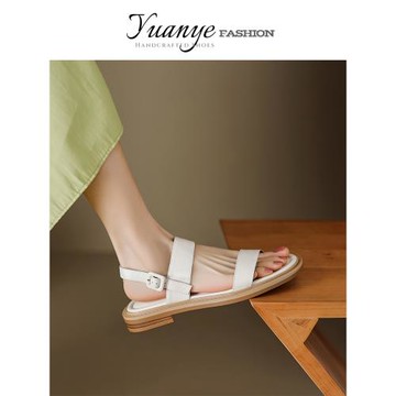 原野時尚露趾文藝一字帶簡約低跟平底真皮涼鞋子女2025年夏季新款