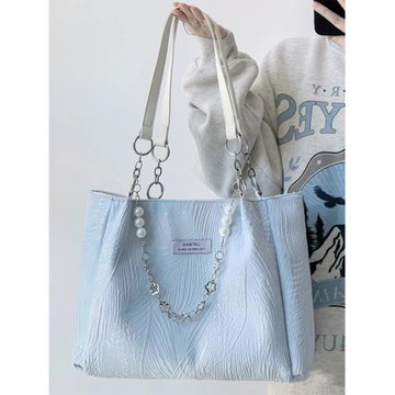 韓系小眾格紋提花冰藍托特包女夏季大容量包包高級感單肩手提大包